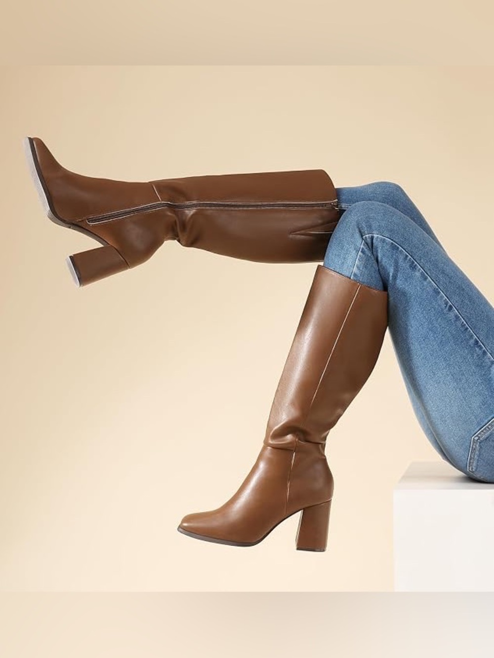 (Z) Ankis Women's Knee High Boots, Square Toe, Size 9, Chunky Heel
